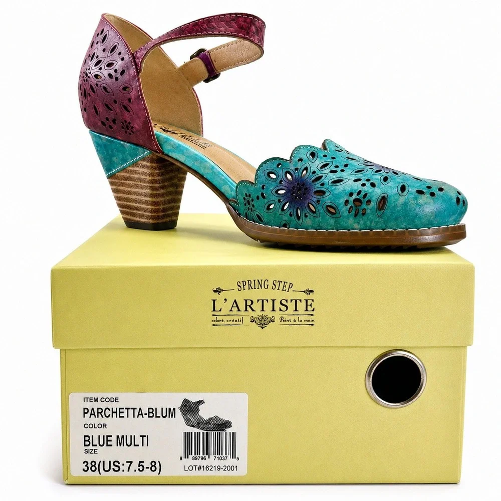 L'Artiste Spring Step Parchetta Blum Blue Multi Leather Heels Shoes 38 US 7.5-8